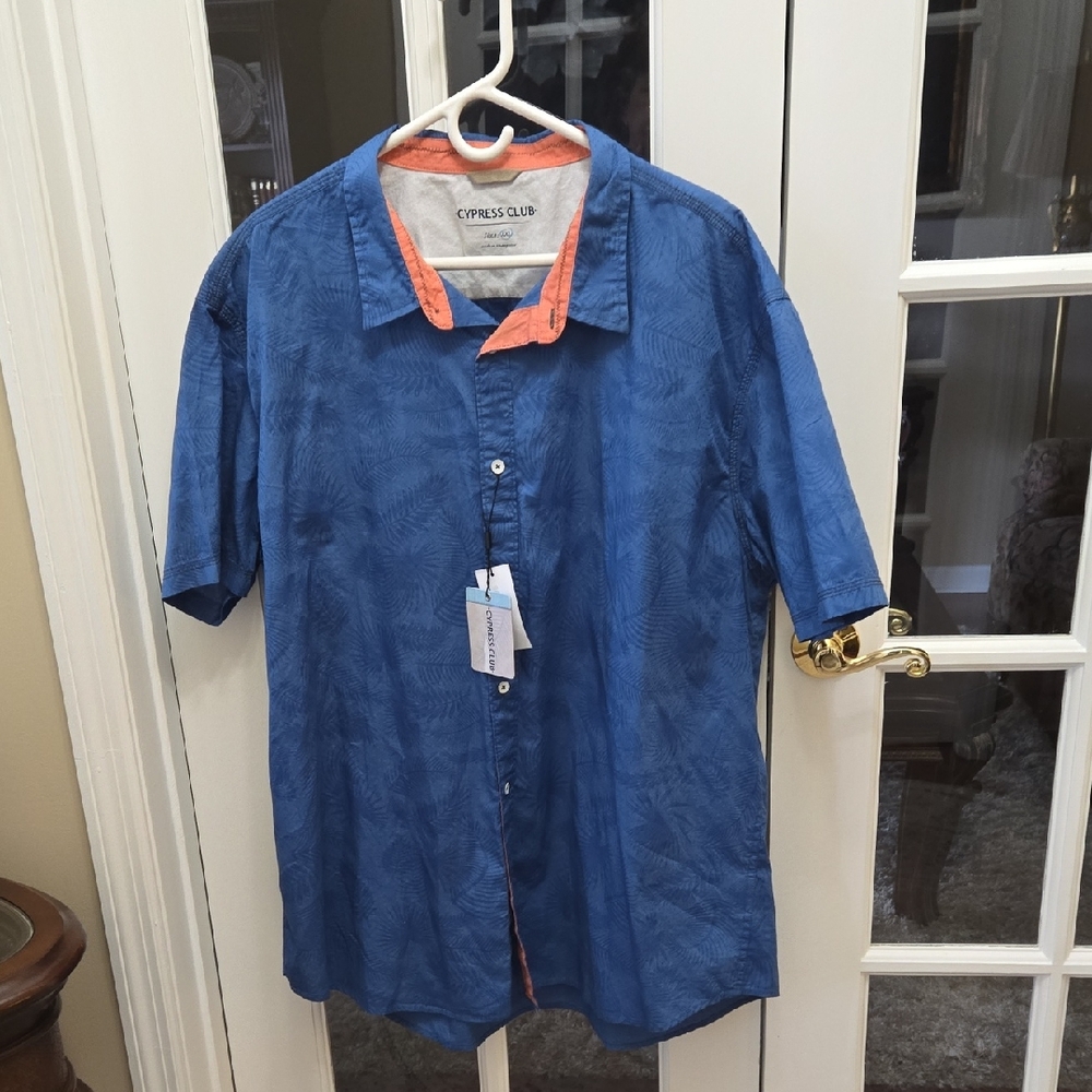 Cypress Club Blue Casual Hawaiian Shirt Palm Print Short Slv 100% Cotton XXL NEW